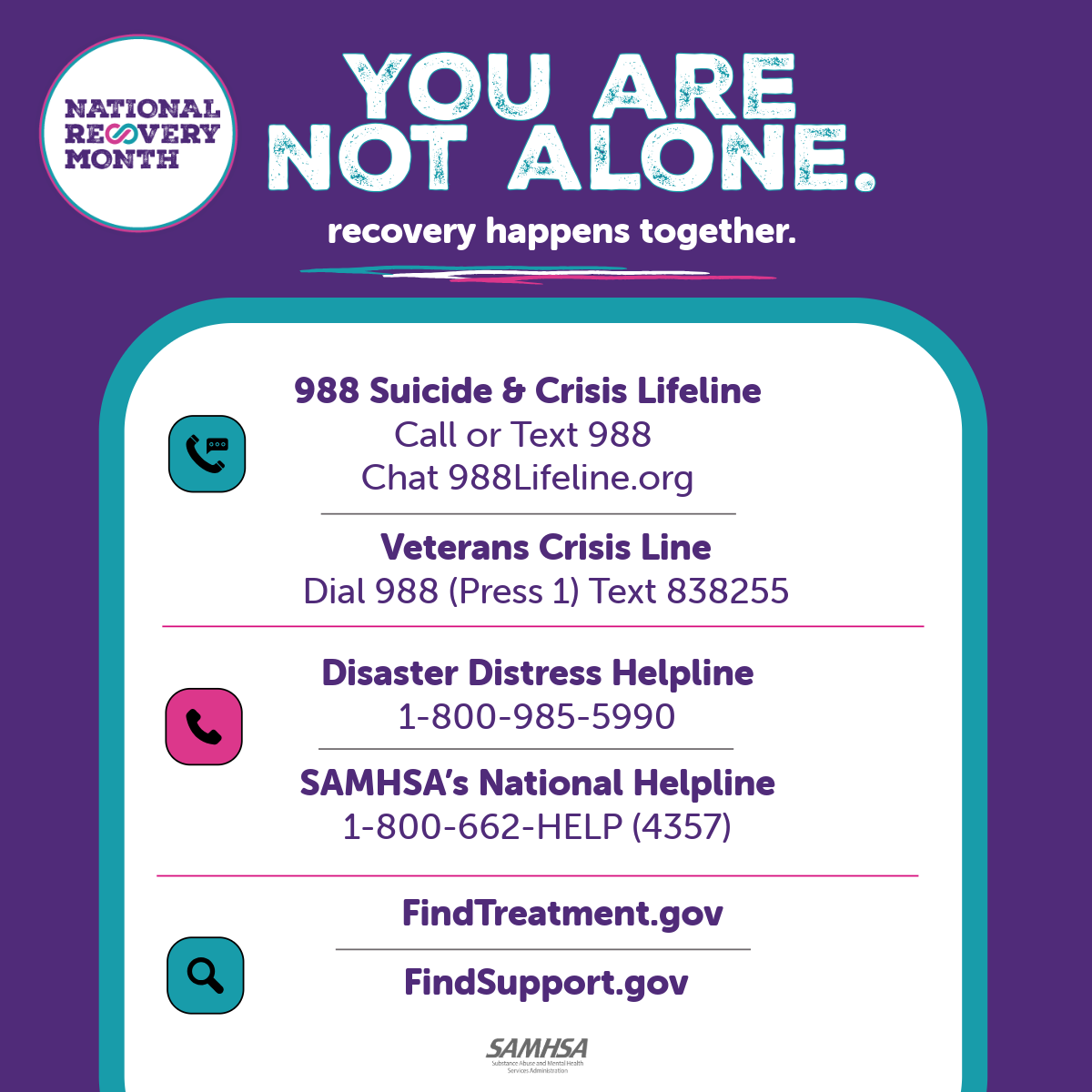 You are not alone. Recovery happens together. Crisis and support resources including the 988 Suicide & Crisis Lifeline and SAMHSA's National Helpline 1-800-662-HELP.